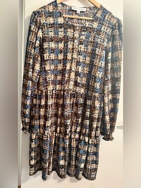 Emma & Michele Long-Sleeve Plaid Tiered Dress in Blue, Brown, Cream